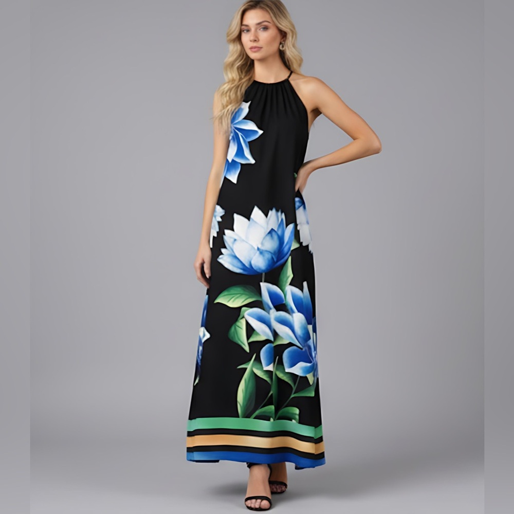LAST ONE 🔥 Floral Print Halter Sleeveless Maxi  Dress